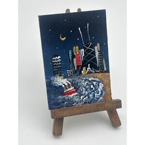 Miniature Chicago Skyline Painting Steamboat Folk Art w/ Easel Signed 2019